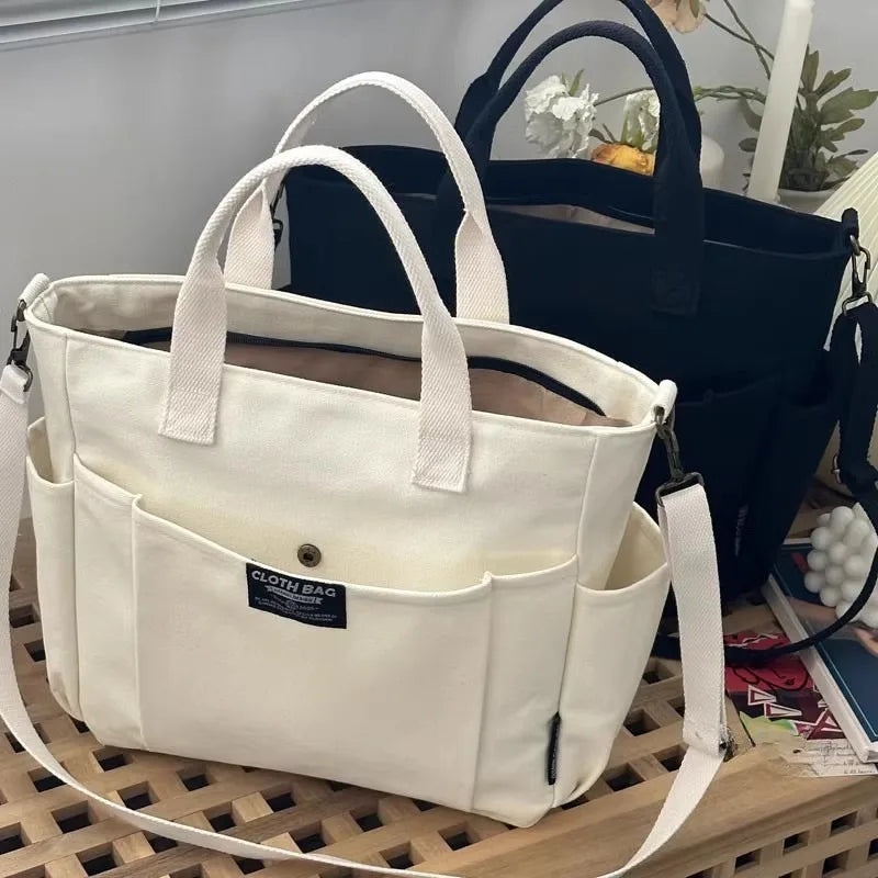 Urban Minimalist Female Student Large Capacity Commuting Horizontal Canvas Single Shoulder Diagonal Cross Portable Tote Bag Abysaz Kollectionz