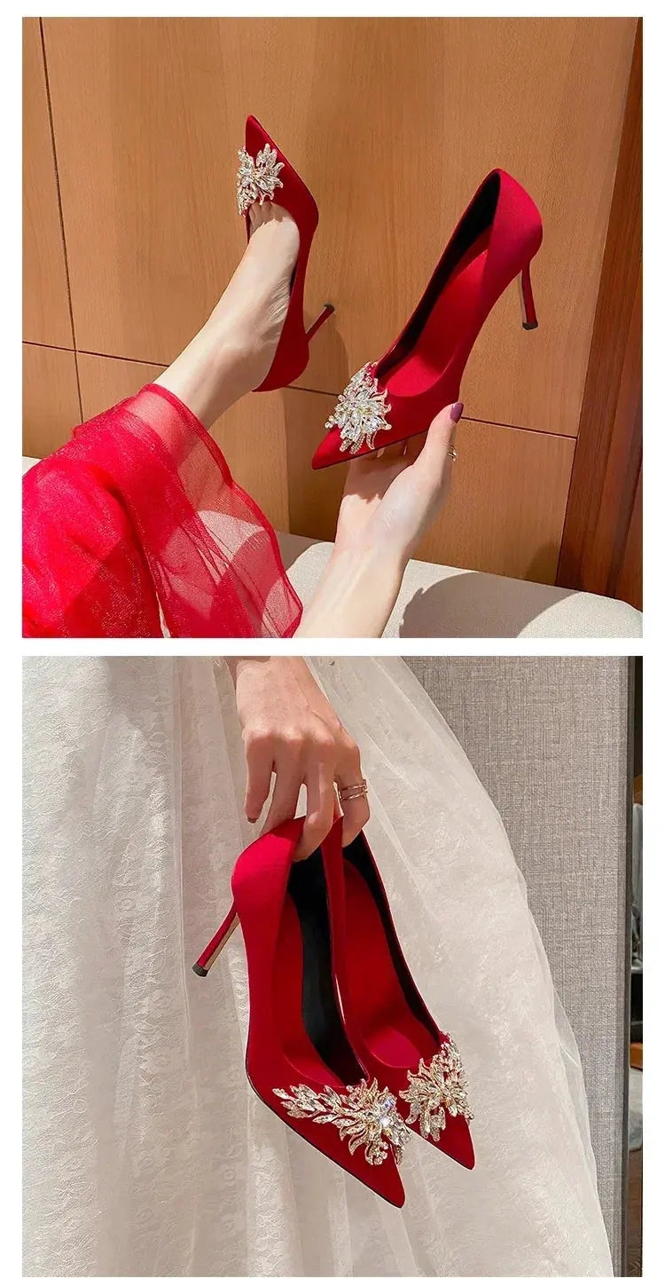 2024 Spring Summer Autumn New Wedding Shoes Red High Heels  Slim Heels Korean Version Pointed Toe Bride Shoes High Heels - Abysaz Kollectionz