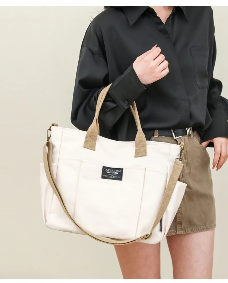 Urban Minimalist Female Student Large Capacity Commuting Horizontal Canvas Single Shoulder Diagonal Cross Portable Tote Bag Abysaz Kollectionz