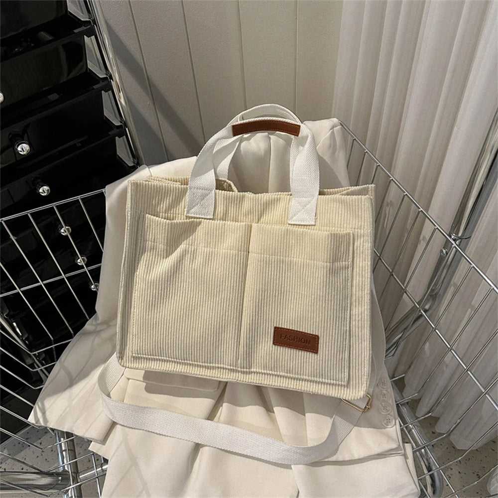 Fashionable women's casual handbag, corduroy tote bag, letter patch decoration shoulder bag, multi pocket crossbody bag-ll Abysaz Kollectionz