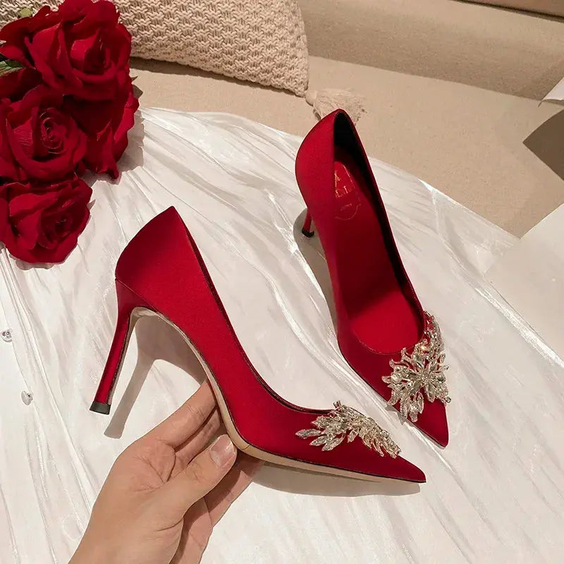 2024 Spring Summer Autumn New Wedding Shoes Red High Heels  Slim Heels Korean Version Pointed Toe Bride Shoes High Heels - Abysaz Kollectionz