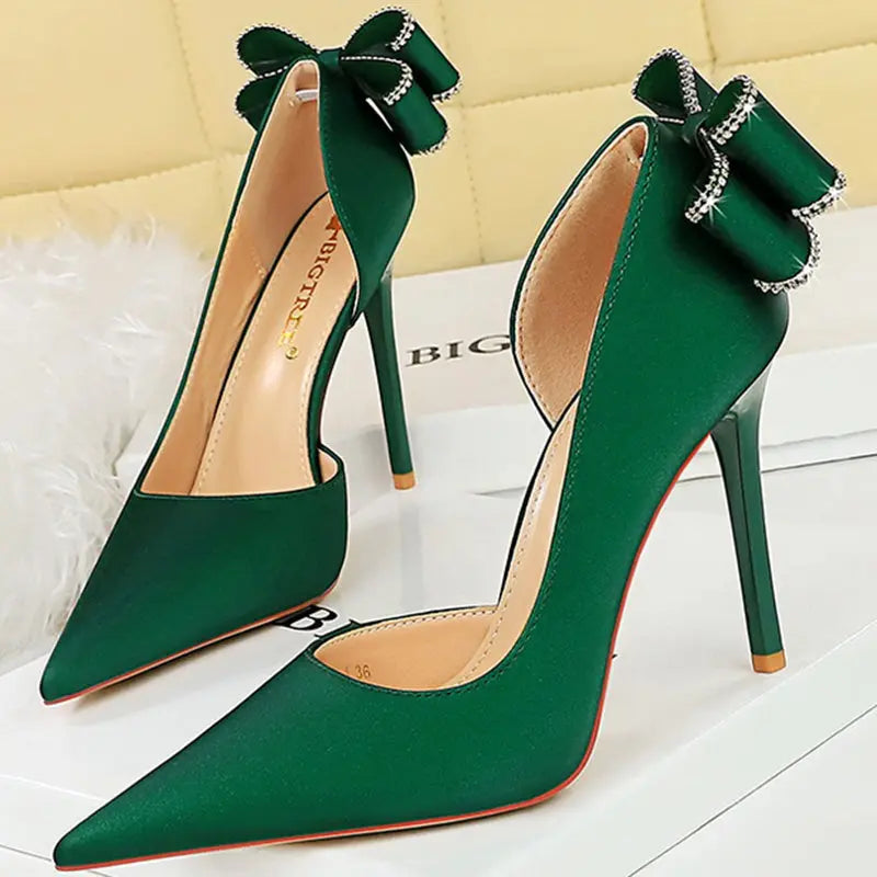 Women 10.5cm High Heels Silk Pumps Sweet Style Rhinestone Bow Super High Heels Lady Fetish Wedding Bridal Pink Green Blue Shoes - Abysaz Kollectionz