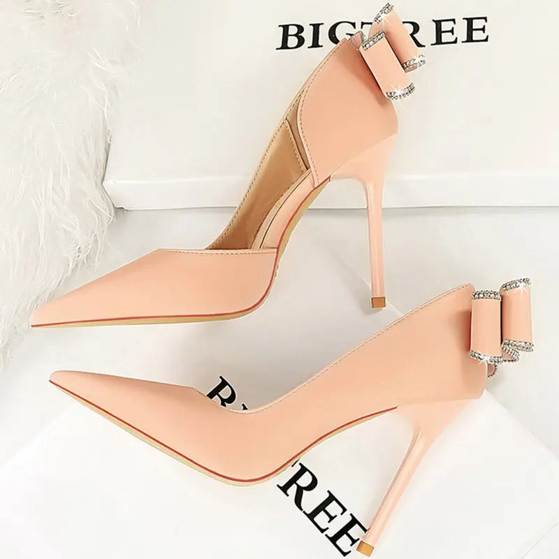 Women 10.5cm High Heels Silk Pumps Sweet Style Rhinestone Bow Super High Heels Lady Fetish Wedding Bridal Pink Green Blue Shoes - Abysaz Kollectionz