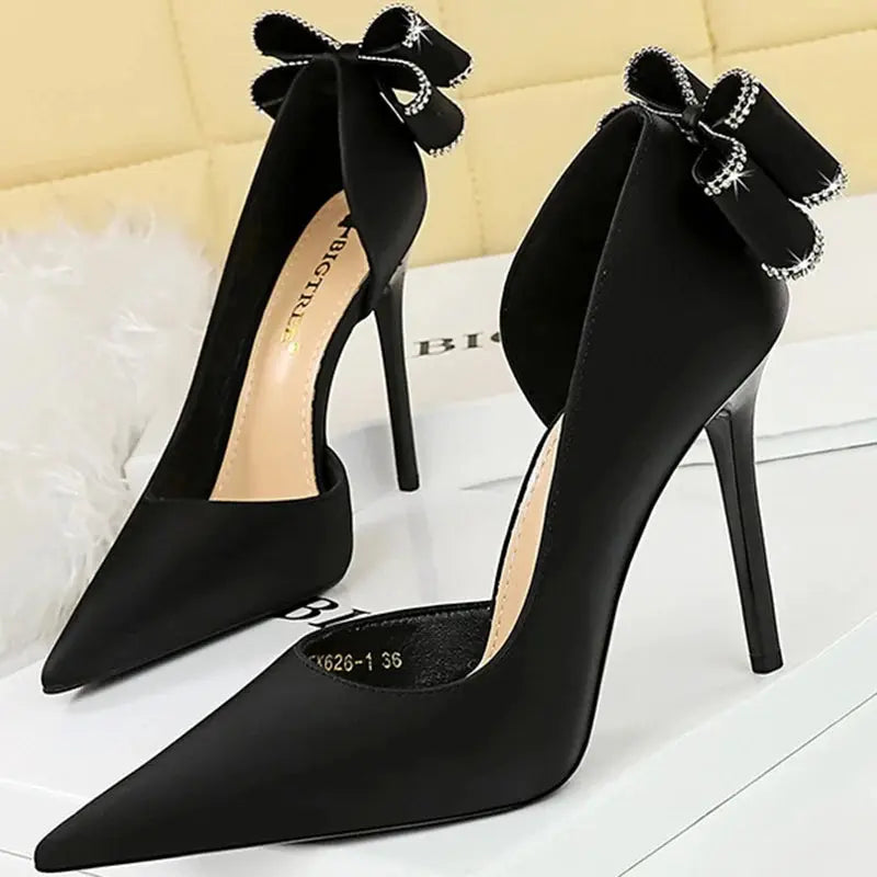Women 10.5cm High Heels Silk Pumps Sweet Style Rhinestone Bow Super High Heels Lady Fetish Wedding Bridal Pink Green Blue Shoes - Abysaz Kollectionz
