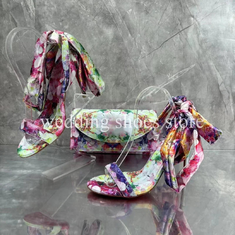 Fashion Colourful Flowers Printed Lace-up High Heels Sexy Bowknot Ankle Strap Women Summer Wedding Party Sandals Bag Shoes Abysaz Kollectionz