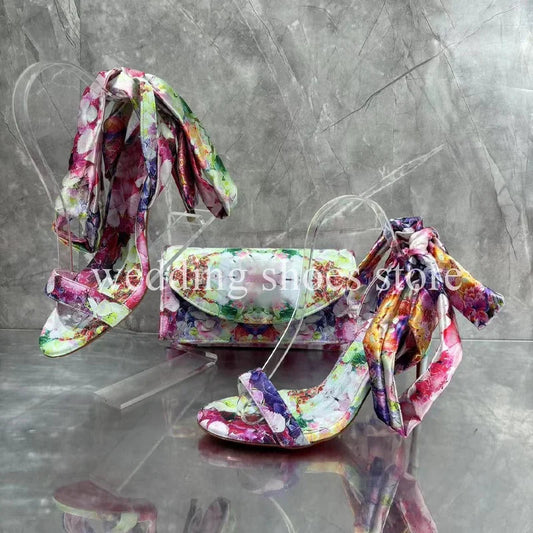 Fashion Colourful Flowers Printed Lace-up High Heels Sexy Bowknot Ankle Strap Women Summer Wedding Party Sandals Bag Shoes Abysaz Kollectionz