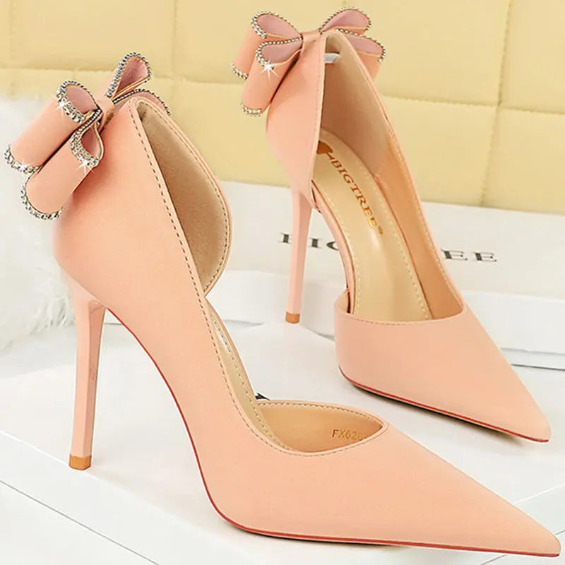 Women 10.5cm High Heels Silk Pumps Sweet Style Rhinestone Bow Super High Heels Lady Fetish Wedding Bridal Pink Green Blue Shoes - Abysaz Kollectionz