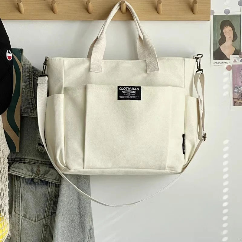 Urban Minimalist Female Student Large Capacity Commuting Horizontal Canvas Single Shoulder Diagonal Cross Portable Tote Bag Abysaz Kollectionz