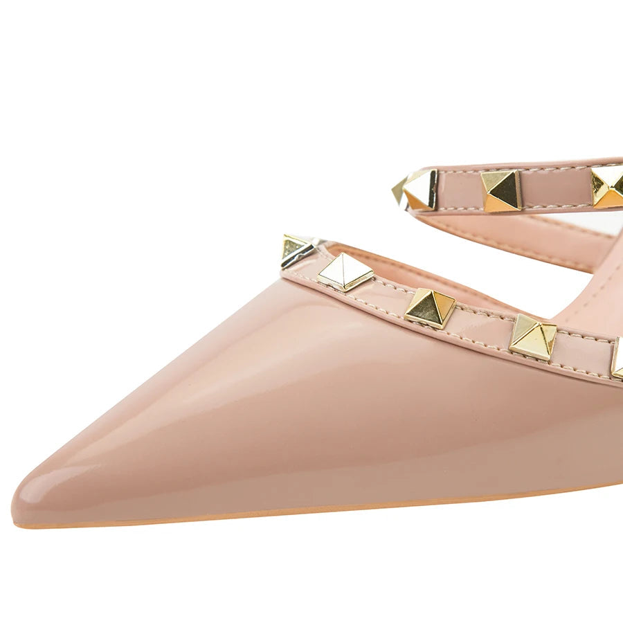 Fashion Rivet Slip On Women Slippers New Summer Pointy Toe High Heels Shoes Party Patent Leather Hollow Sexy Female Sandal Dress Abysaz Kollectionz