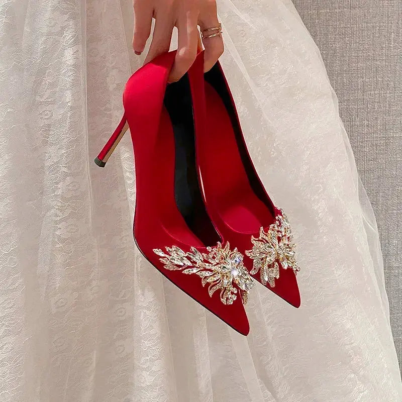 2024 Spring Summer Autumn New Wedding Shoes Red High Heels  Slim Heels Korean Version Pointed Toe Bride Shoes High Heels - Abysaz Kollectionz