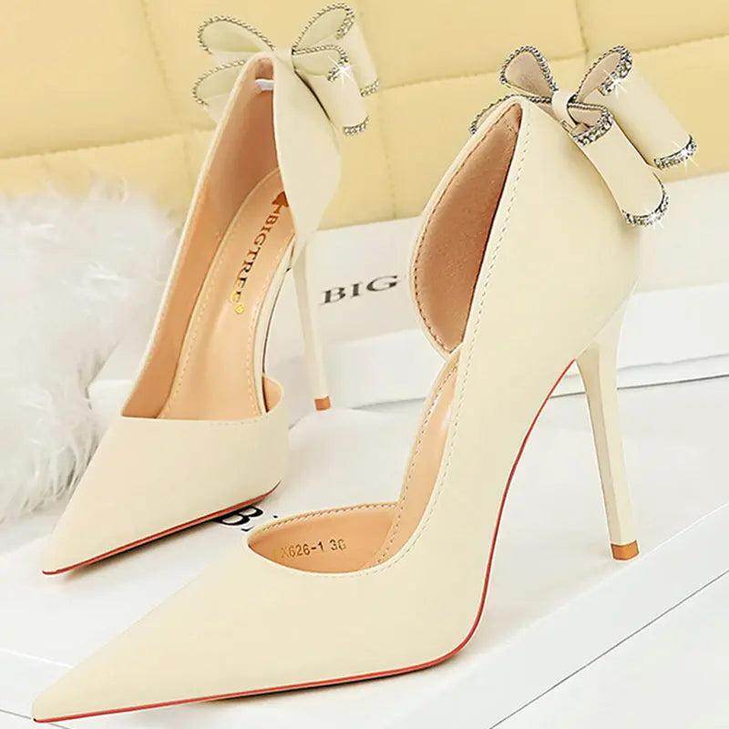 Women 10.5cm High Heels Silk Pumps Sweet Style Rhinestone Bow Super High Heels Lady Fetish Wedding Bridal Pink Green Blue Shoes - Abysaz Kollectionz
