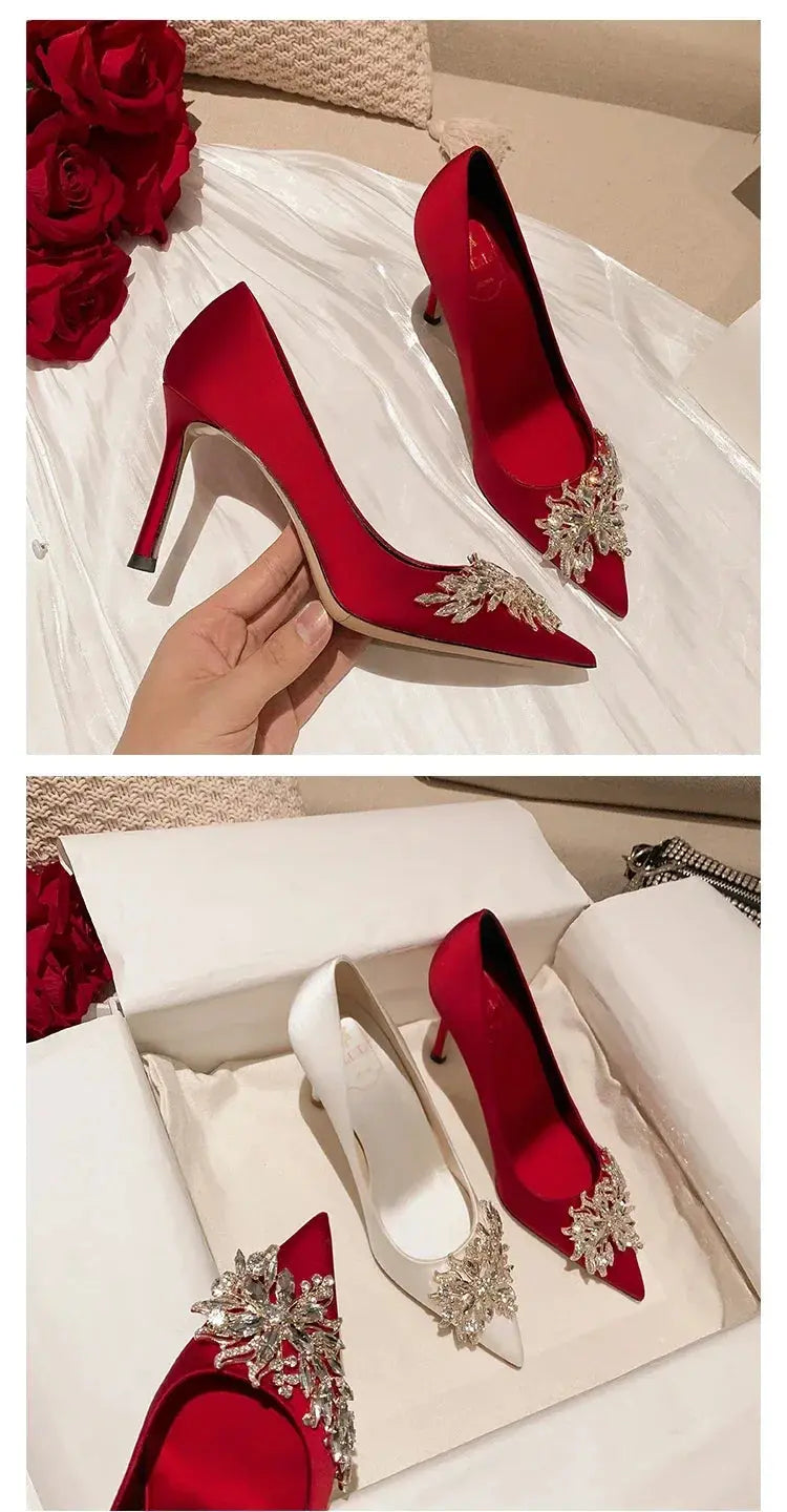 2024 Spring Summer Autumn New Wedding Shoes Red High Heels  Slim Heels Korean Version Pointed Toe Bride Shoes High Heels - Abysaz Kollectionz