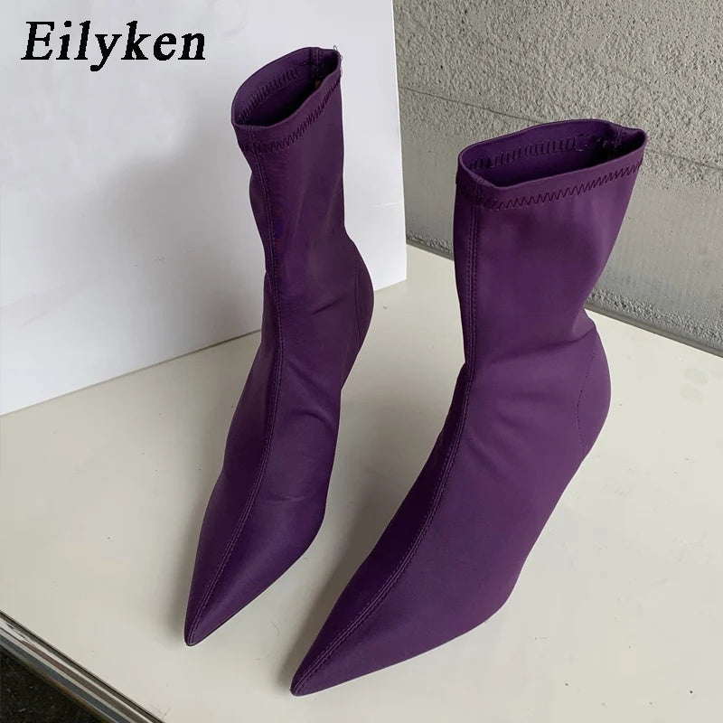 Eilyken 2025 New Spring Autumn Stretch Fabric Women Ankle Boots Sexy Pointed Toe High Heels Fashion Female Socks Pumps Shoes Abysaz Kollectionz