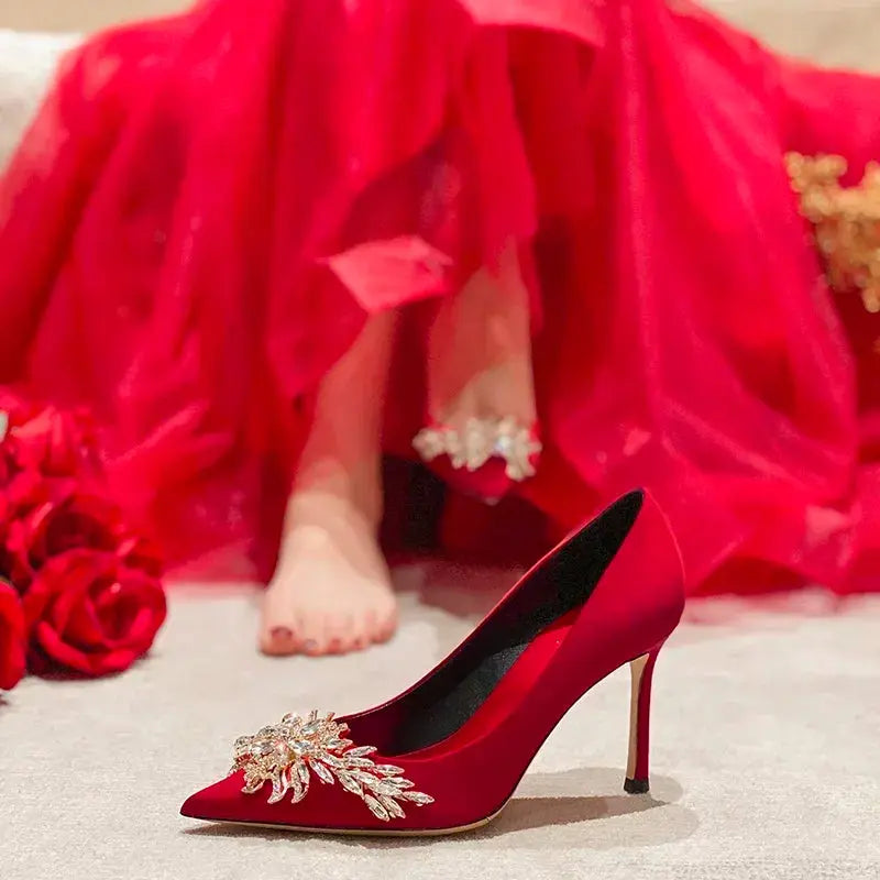 2024 Spring Summer Autumn New Wedding Shoes Red High Heels  Slim Heels Korean Version Pointed Toe Bride Shoes High Heels - Abysaz Kollectionz