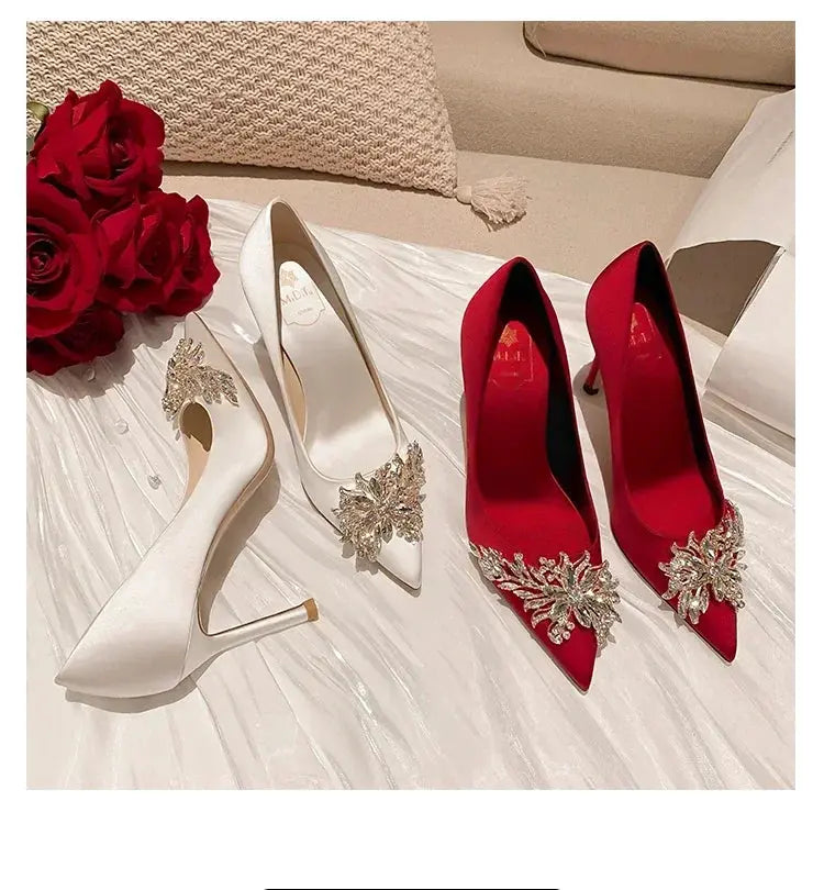 2024 Spring Summer Autumn New Wedding Shoes Red High Heels  Slim Heels Korean Version Pointed Toe Bride Shoes High Heels - Abysaz Kollectionz