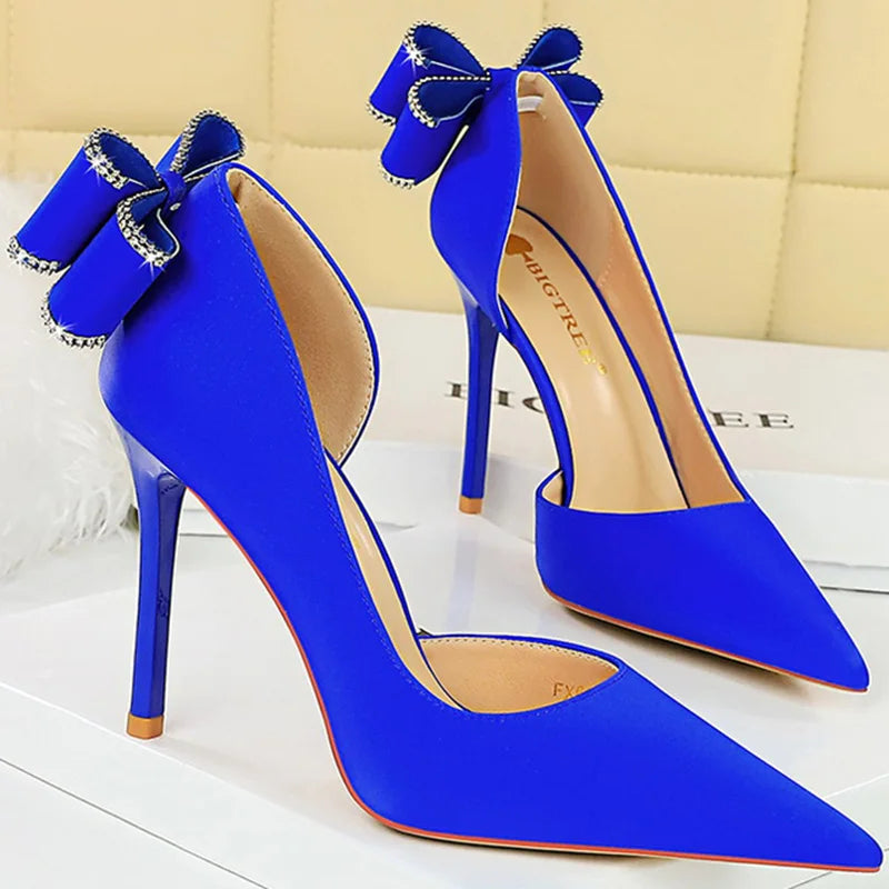 Women 10.5cm High Heels Silk Pumps Sweet Style Rhinestone Bow Super High Heels Lady Fetish Wedding Bridal Pink Green Blue Shoes Abysaz Kollectionz