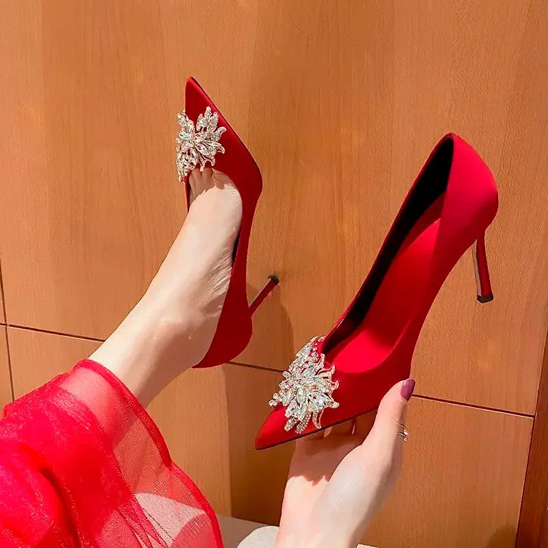 2024 Spring Summer Autumn New Wedding Shoes Red High Heels  Slim Heels Korean Version Pointed Toe Bride Shoes High Heels - Abysaz Kollectionz