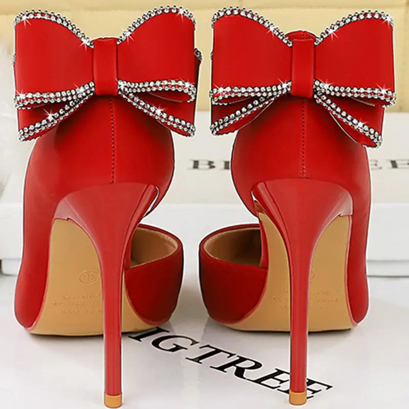 Women 10.5cm High Heels Silk Pumps Sweet Style Rhinestone Bow Super High Heels Lady Fetish Wedding Bridal Pink Green Blue Shoes - Abysaz Kollectionz