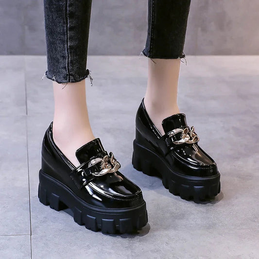 Women Patent Leather Chunky Sneakers Loafers Breathable Chain High Heels Platform Casual Shoes Flats Woman Vulcanize Abysaz Kollectionz
