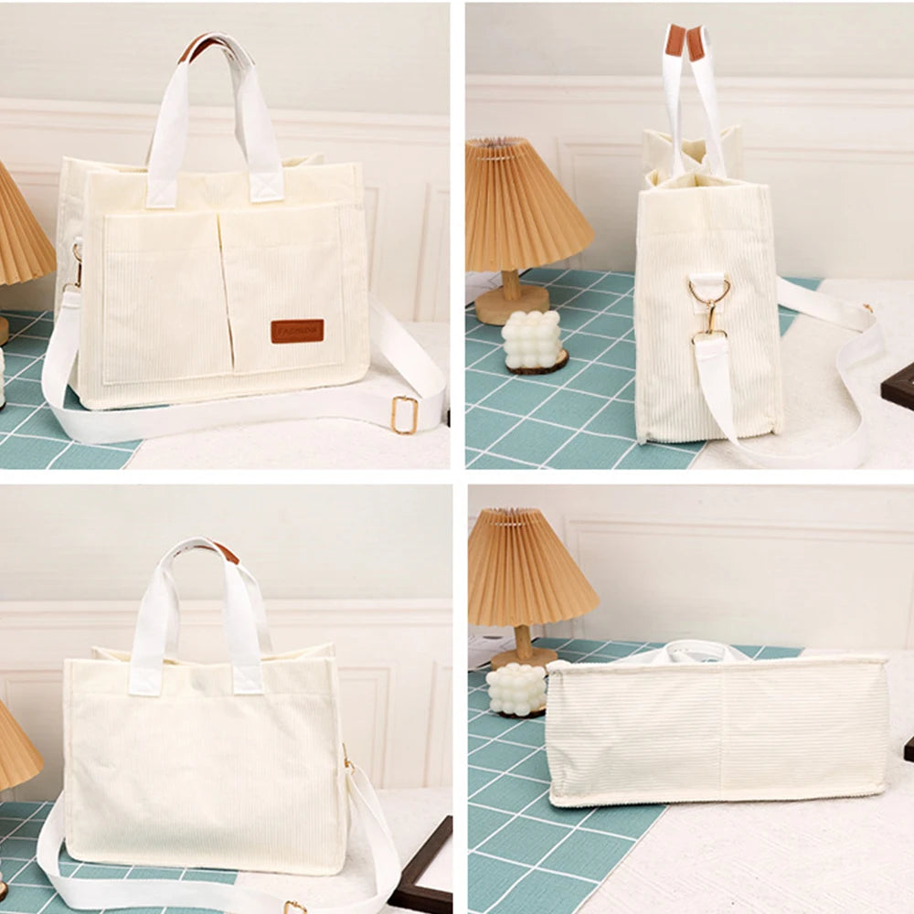 Fashionable women's casual handbag, corduroy tote bag, letter patch decoration shoulder bag, multi pocket crossbody bag-ll Abysaz Kollectionz