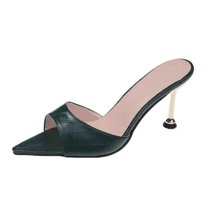Snake Print Strappy Mule Women Thin High Heels Slippers Sandals Pointed Peep Toe Slides Party Flip Flops Shoes Abysaz Kollectionz