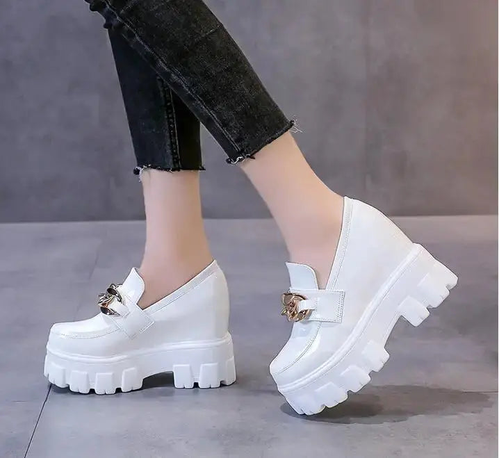 Women Patent Leather Chunky Sneakers Loafers Breathable Chain High Heels Platform Casual Shoes Flats Woman Vulcanize - Abysaz Kollectionz