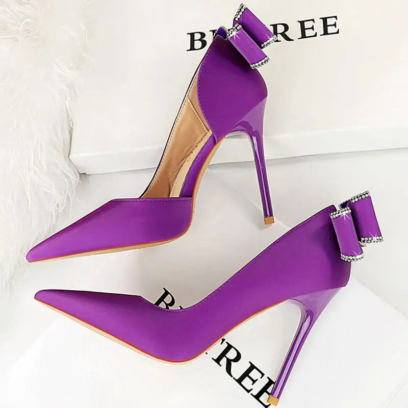 Women 10.5cm High Heels Silk Pumps Sweet Style Rhinestone Bow Super High Heels Lady Fetish Wedding Bridal Pink Green Blue Shoes - Abysaz Kollectionz