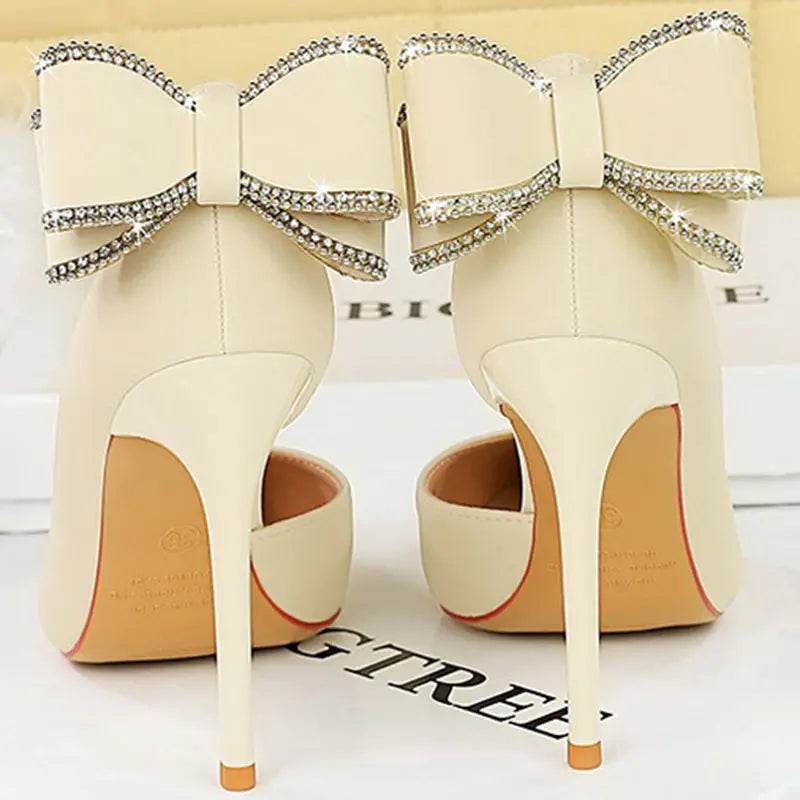 Women 10.5cm High Heels Silk Pumps Sweet Style Rhinestone Bow Super High Heels Lady Fetish Wedding Bridal Pink Green Blue Shoes - Abysaz Kollectionz