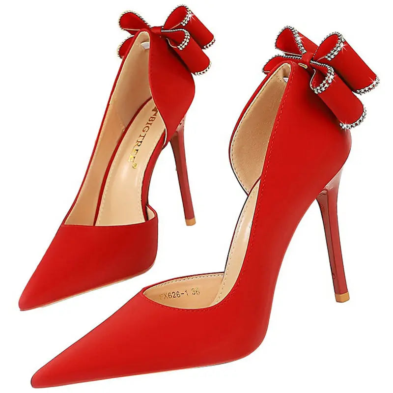 Women 10.5cm High Heels Silk Pumps Sweet Style Rhinestone Bow Super High Heels Lady Fetish Wedding Bridal Pink Green Blue Shoes - Abysaz Kollectionz