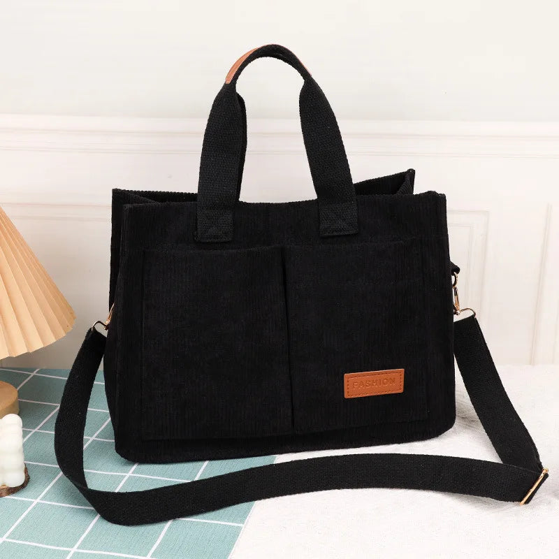 Fashionable women's casual handbag, corduroy tote bag, letter patch decoration shoulder bag, multi pocket crossbody bag-ll Abysaz Kollectionz