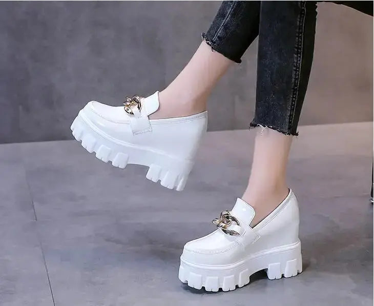 Women Patent Leather Chunky Sneakers Loafers Breathable Chain High Heels Platform Casual Shoes Flats Woman Vulcanize - Abysaz Kollectionz