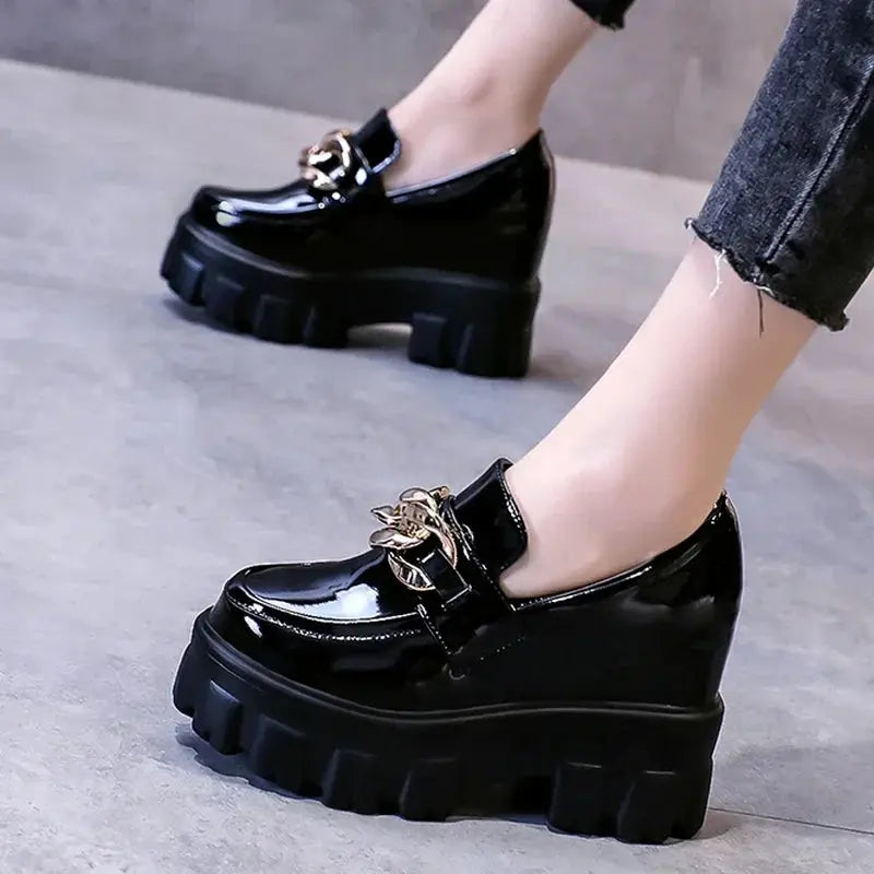 Women Patent Leather Chunky Sneakers Loafers Breathable Chain High Heels Platform Casual Shoes Flats Woman Vulcanize - Abysaz Kollectionz