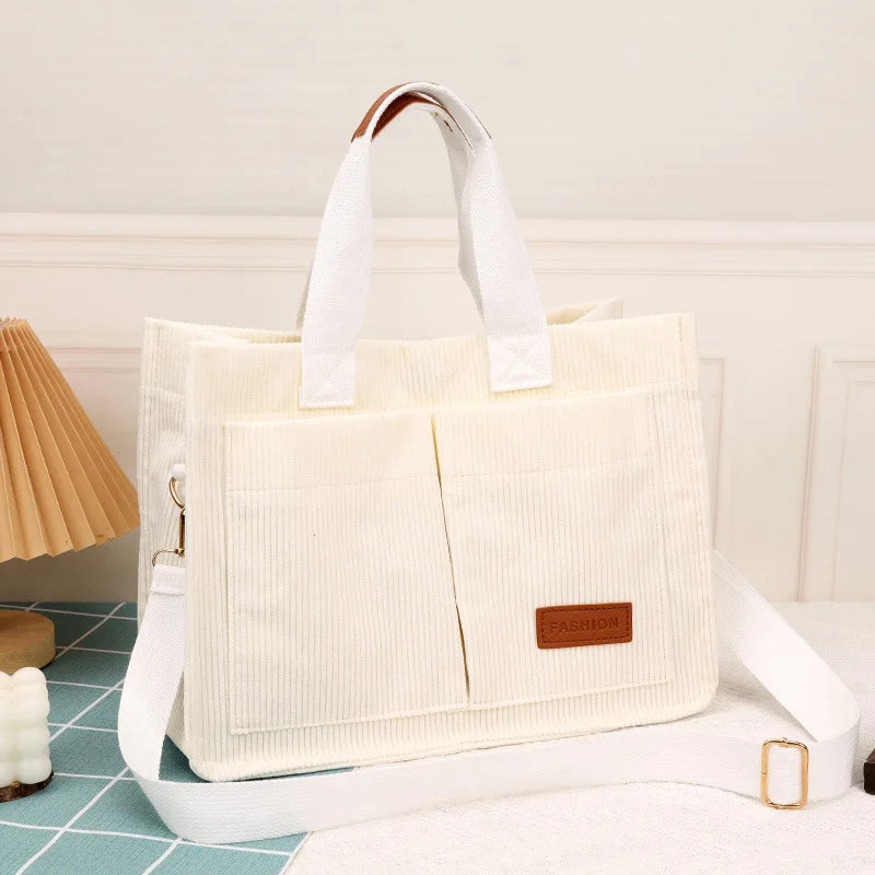 Fashionable women's casual handbag, corduroy tote bag, letter patch decoration shoulder bag, multi pocket crossbody bag-ll Abysaz Kollectionz