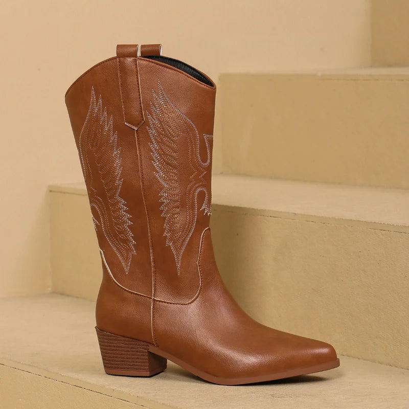 Western Women Boots 2024 Autumn Winter Fashion Chunky Heeled Cowboy Boots Vintage Style Country Western Cowgirl High Heels Boots Abysaz Kollectionz