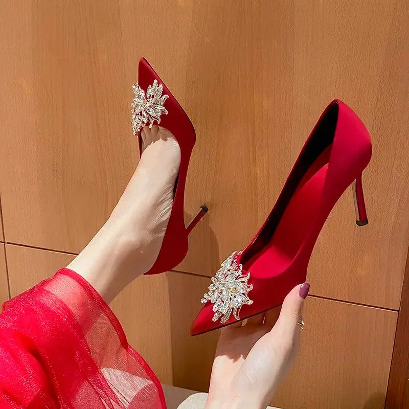 2024 Spring Summer Autumn New Wedding Shoes Red High Heels  Slim Heels Korean Version Pointed Toe Bride Shoes High Heels - Abysaz Kollectionz