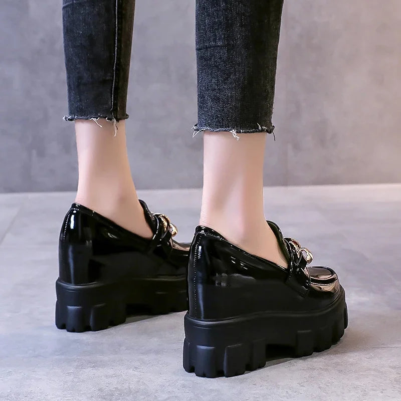 Women Patent Leather Chunky Sneakers Loafers Breathable Chain High Heels Platform Casual Shoes Flats Woman Vulcanize Abysaz Kollectionz