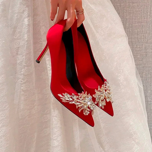 2024 Spring Summer Autumn New Wedding Shoes Red High Heels  Slim Heels Korean Version Pointed Toe Bride Shoes High Heels Abysaz Kollectionz