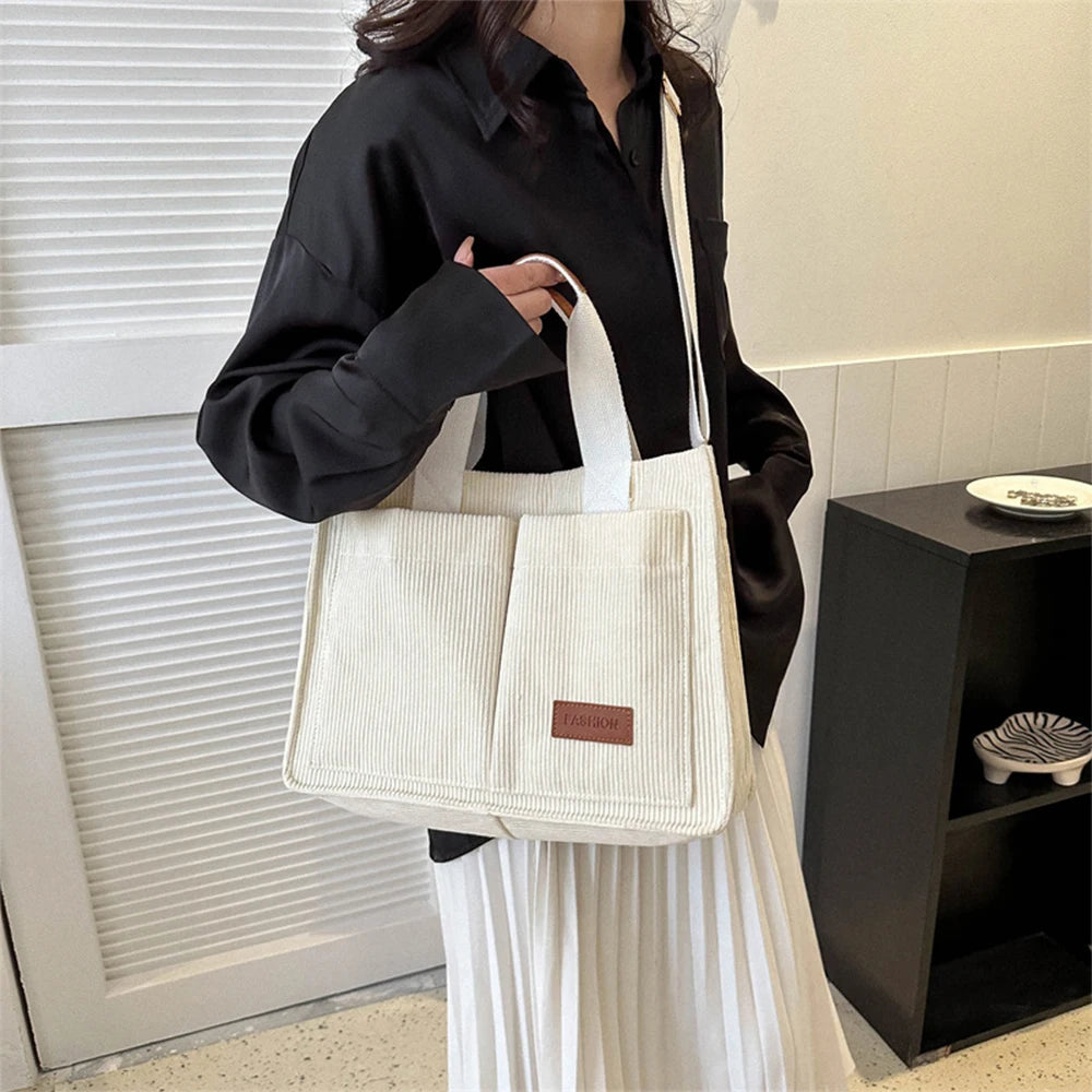 Fashionable women's casual handbag, corduroy tote bag, letter patch decoration shoulder bag, multi pocket crossbody bag-ll Abysaz Kollectionz