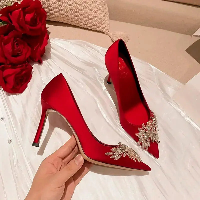 2024 Spring Summer Autumn New Wedding Shoes Red High Heels  Slim Heels Korean Version Pointed Toe Bride Shoes High Heels - Abysaz Kollectionz
