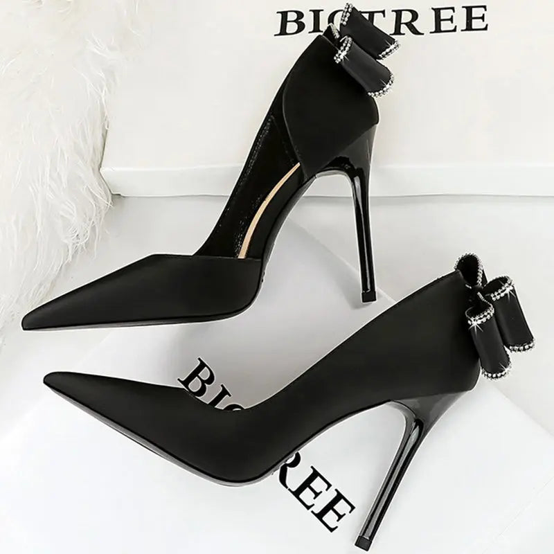 Women 10.5cm High Heels Silk Pumps Sweet Style Rhinestone Bow Super High Heels Lady Fetish Wedding Bridal Pink Green Blue Shoes - Abysaz Kollectionz