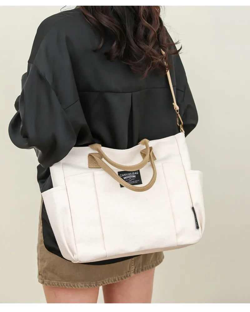 Urban Minimalist Female Student Large Capacity Commuting Horizontal Canvas Single Shoulder Diagonal Cross Portable Tote Bag Abysaz Kollectionz