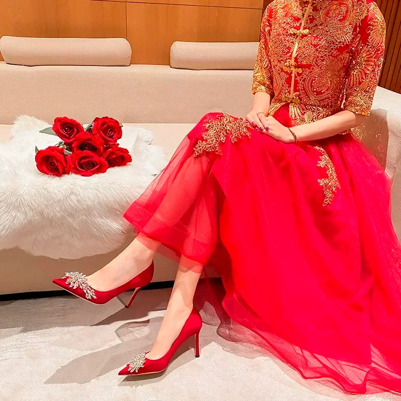 2024 Spring Summer Autumn New Wedding Shoes Red High Heels  Slim Heels Korean Version Pointed Toe Bride Shoes High Heels Abysaz Kollectionz