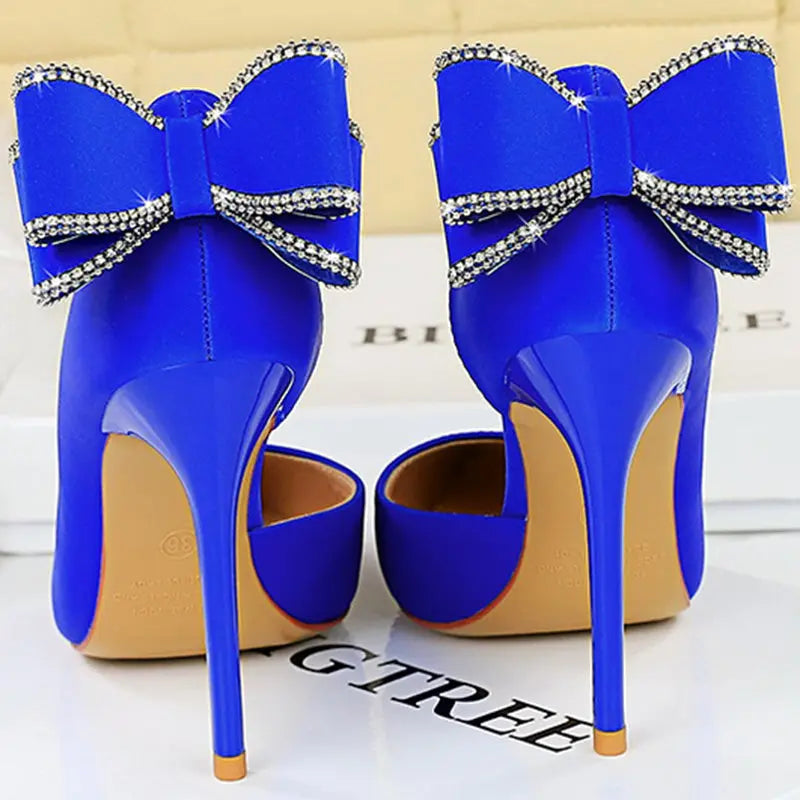 Women 10.5cm High Heels Silk Pumps Sweet Style Rhinestone Bow Super High Heels Lady Fetish Wedding Bridal Pink Green Blue Shoes - Abysaz Kollectionz