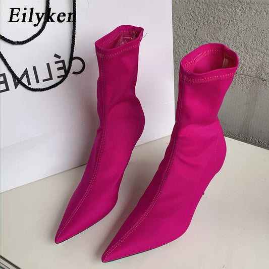 Eilyken 2025 New Spring Autumn Stretch Fabric Women Ankle Boots Sexy Pointed Toe High Heels Fashion Female Socks Pumps Shoes Abysaz Kollectionz