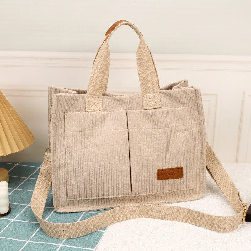 Fashionable women's casual handbag, corduroy tote bag, letter patch decoration shoulder bag, multi pocket crossbody bag-ll Abysaz Kollectionz