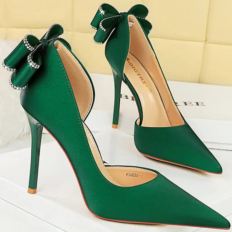 Women 10.5cm High Heels Silk Pumps Sweet Style Rhinestone Bow Super High Heels Lady Fetish Wedding Bridal Pink Green Blue Shoes - Abysaz Kollectionz