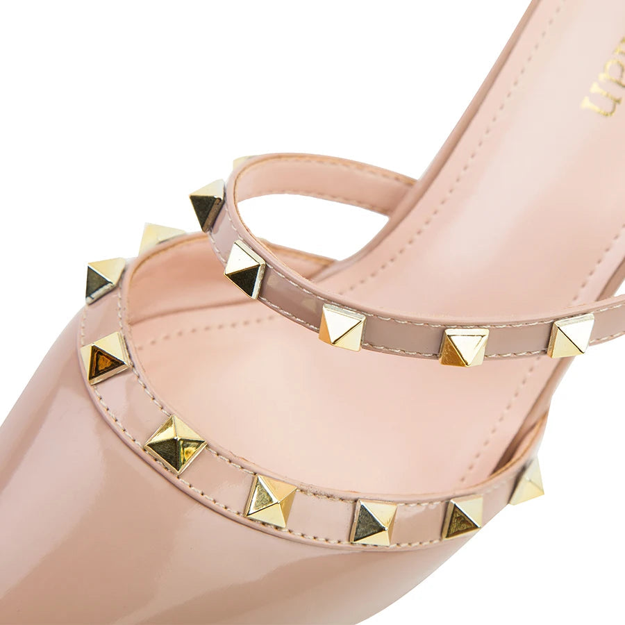Fashion Rivet Slip On Women Slippers New Summer Pointy Toe High Heels Shoes Party Patent Leather Hollow Sexy Female Sandal Dress Abysaz Kollectionz
