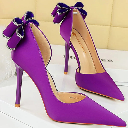 Women 10.5cm High Heels Silk Pumps Sweet Style Rhinestone Bow Super High Heels Lady Fetish Wedding Bridal Pink Green Blue Shoes Abysaz Kollectionz