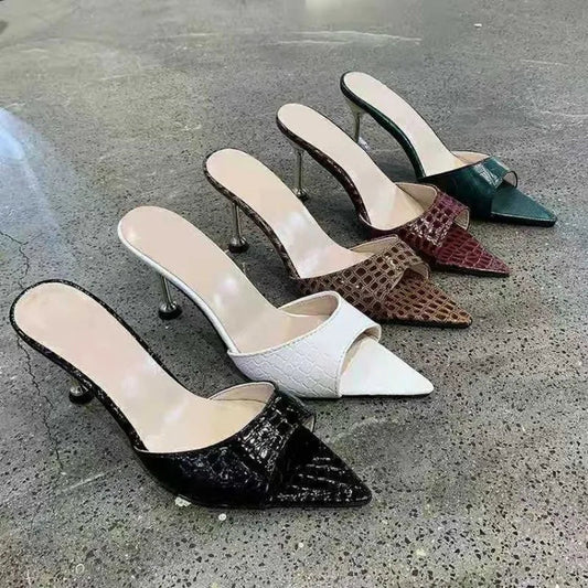 Snake Print Strappy Mule Women Thin High Heels Slippers Sandals Pointed Peep Toe Slides Party Flip Flops Shoes Abysaz Kollectionz