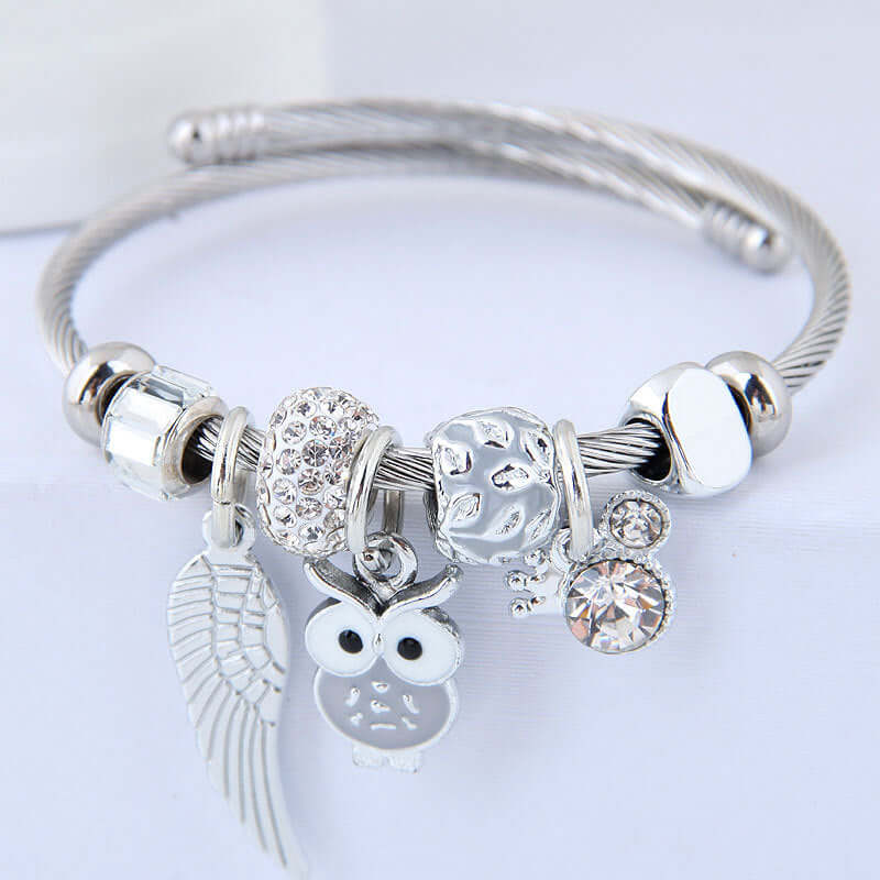 Abysaz Kollectionz DIY Beaded Owl Angel Wings Pendant Stainless Steel Bracelet - Abysaz Kollectionz